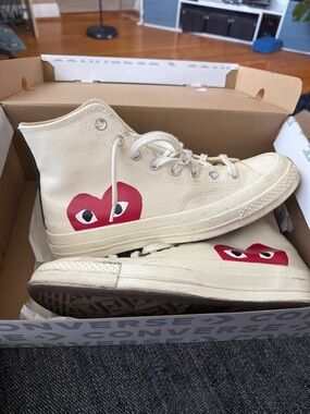 Comme des Garcons Play x Converse High-Top Sneakers in Cream with Red Heart Logo